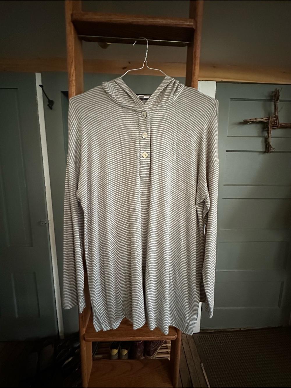 J.Jill Hooded Henley Tunic Sweater - Shell ButtonsCream & Gray
